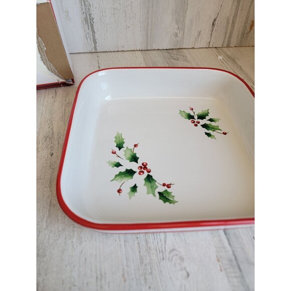 Lenox NEW holiday platter tray mistletoe serving Xmas square decor red green - Picture 2 of 11